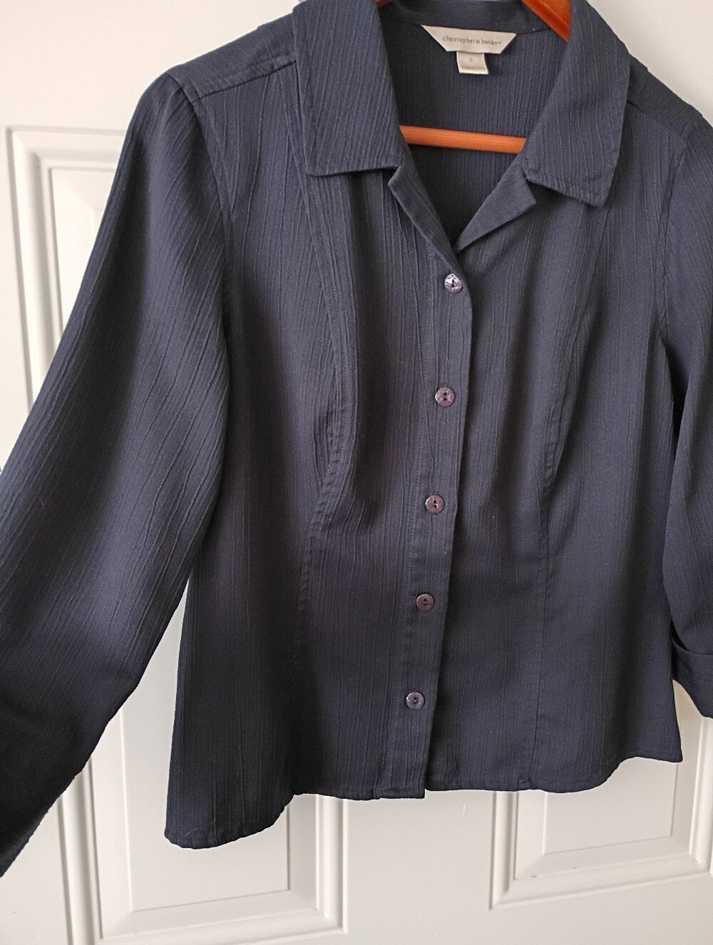 Christopher & Banks Textured Navy Button-Front Collar Blouse